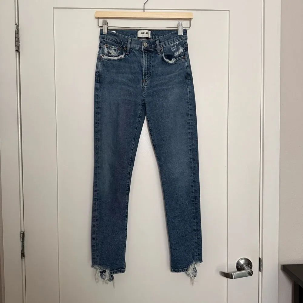 Agolde Toni Jeans Womens Sz 25 Blue Distressed Medium Wash Raw Hem Denim Stretch